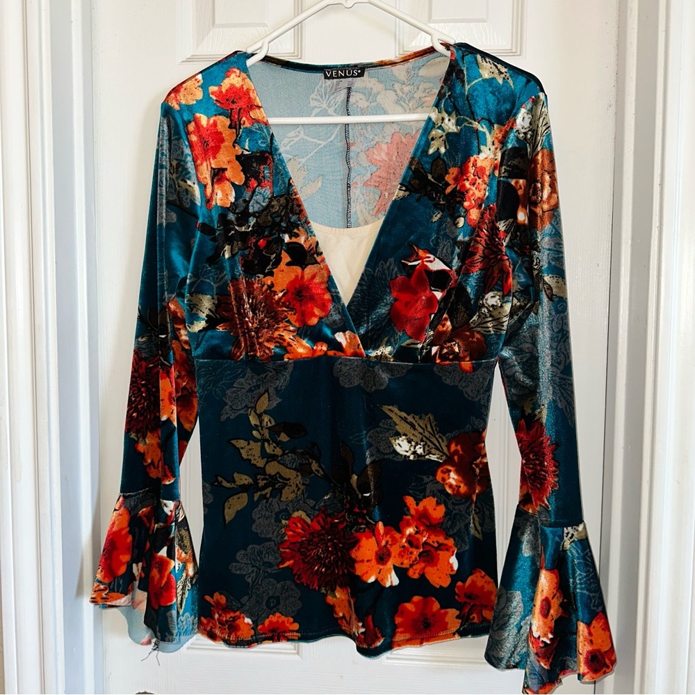 VENUS Teal Floral Velvet Long-Sleeve Top with Bell Cuffs
